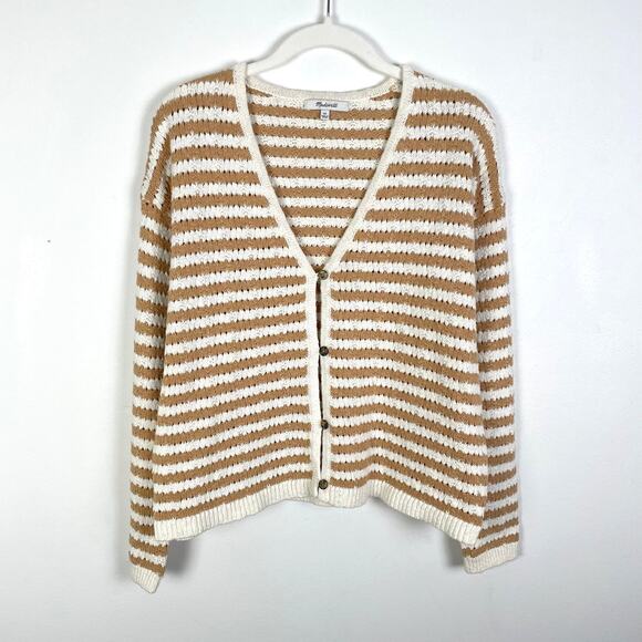 Madewell Open Knit Striped Cardigan Sweater White Tan Button Front Cotton XS - Picture 2 of 15